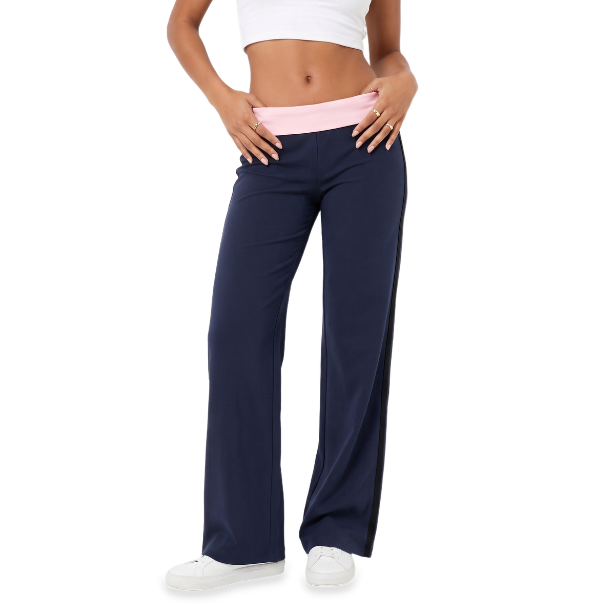 Grace | Side Stripe Fold Over Low Rise Pockets Jersey Wide Leg Trousers Women