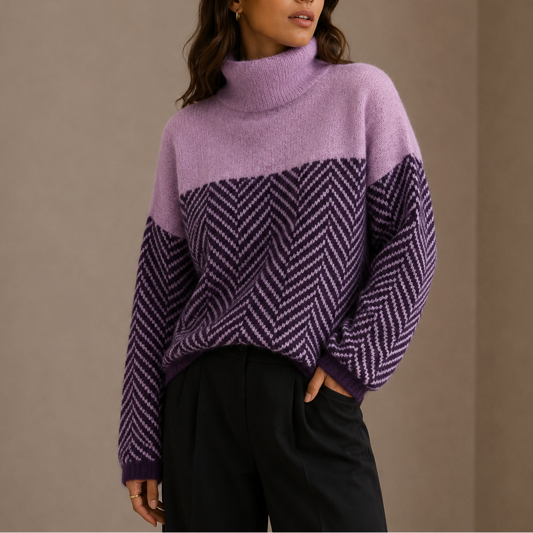 Orla | Denim Oversized Fluffy Colour Block Drop Shoulder Turtleneck Autumn Winter Jumper Women
