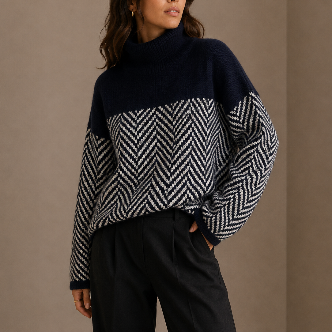 Orla | Denim Oversized Fluffy Colour Block Drop Shoulder Turtleneck Autumn Winter Jumper Women