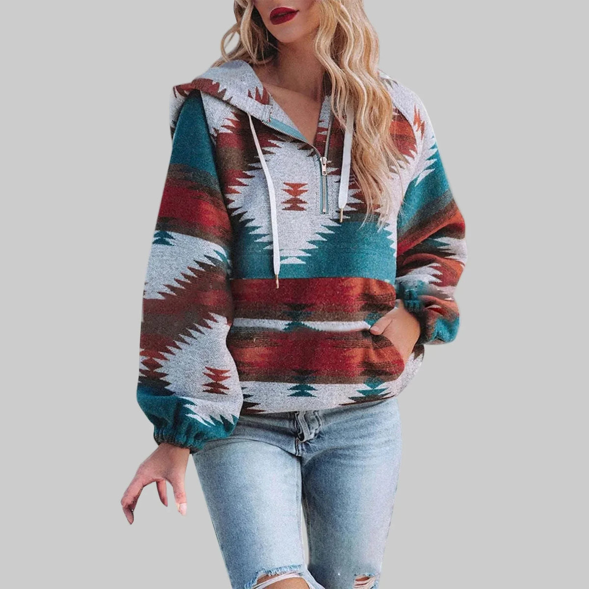 Gabi | Printed Half Zip Drawstring Pockets Knitted Autumn Winter Oversized Hoodie Women