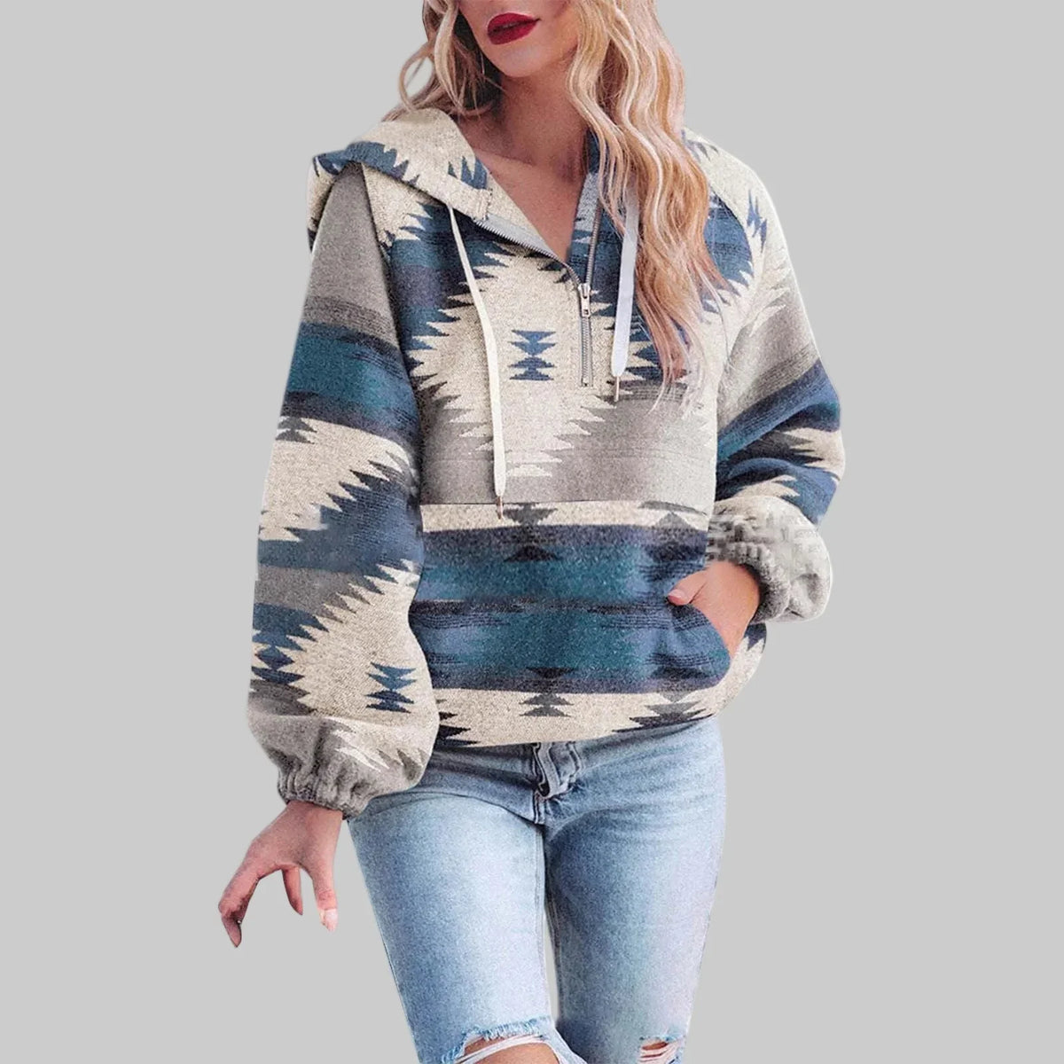 Gabi | Printed Half Zip Drawstring Pockets Knitted Autumn Winter Oversized Hoodie Women