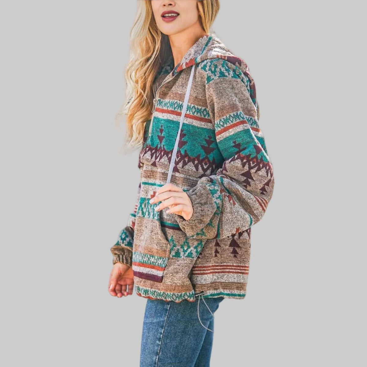 Gabi | Printed Half Zip Drawstring Pockets Knitted Autumn Winter Oversized Hoodie Women