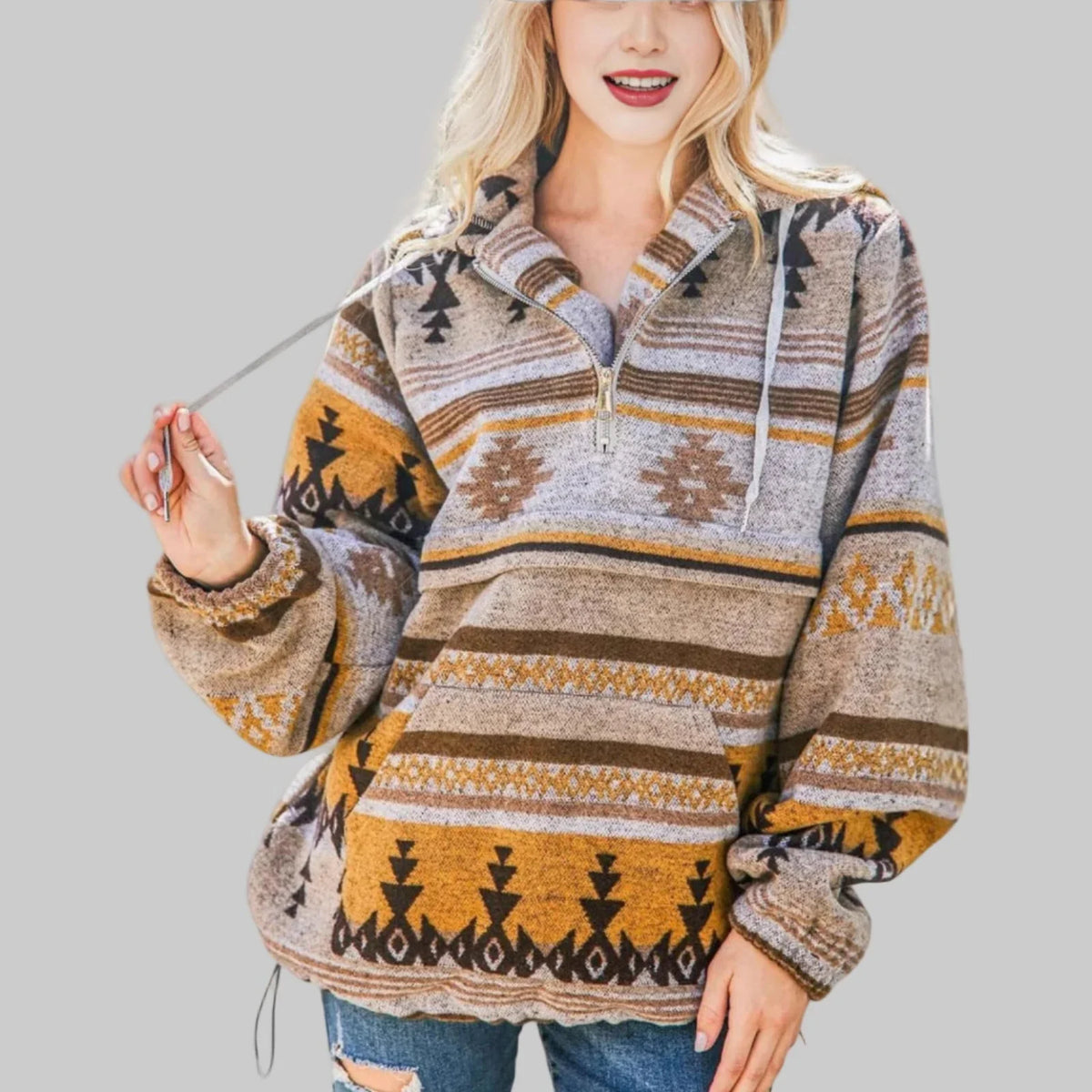 Gabi | Printed Half Zip Drawstring Pockets Knitted Autumn Winter Oversized Hoodie Women