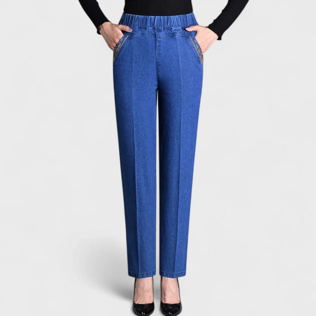 Tessa | Elasticated Waist Embroidered Pocket Autumn Straight Leg Jeans Women