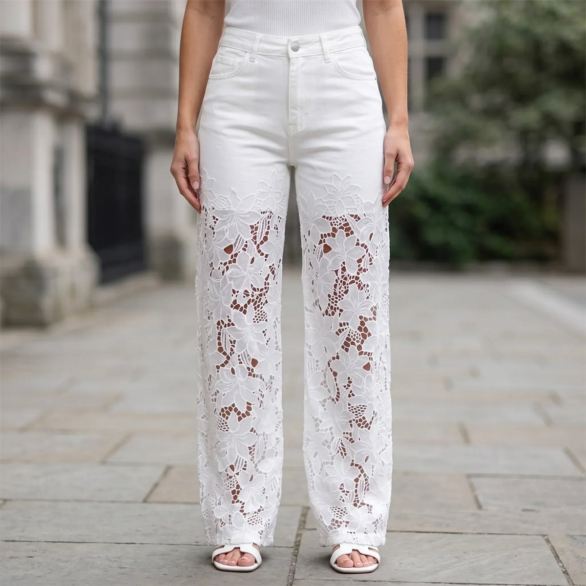 Stella | Floral Lace Cut Out High Waisted Wide Leg Jeans Women