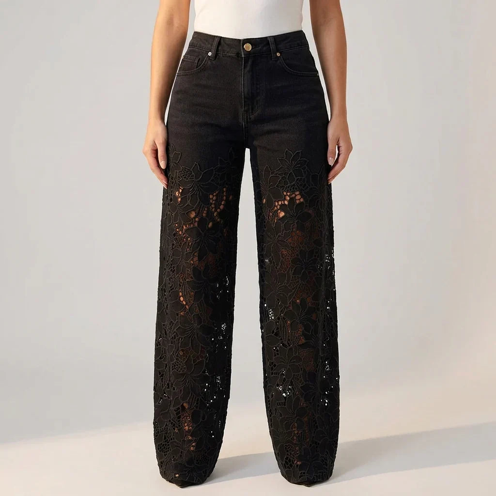 Stella | Floral Lace Cut Out High Waisted Wide Leg Jeans Women
