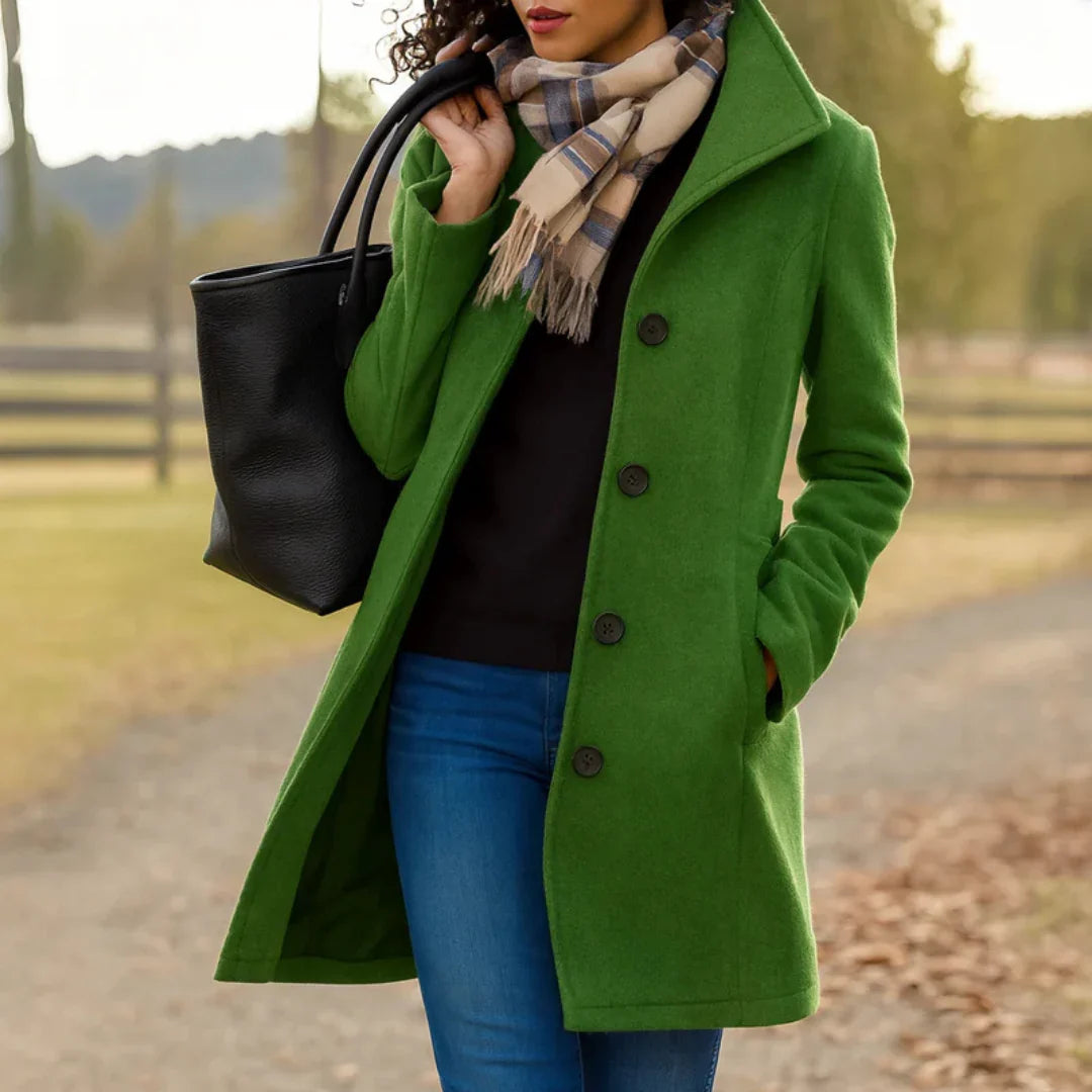Elise | Buttoned Collared High Neck Long Pockets Autumn Smart Tailored Coat Women