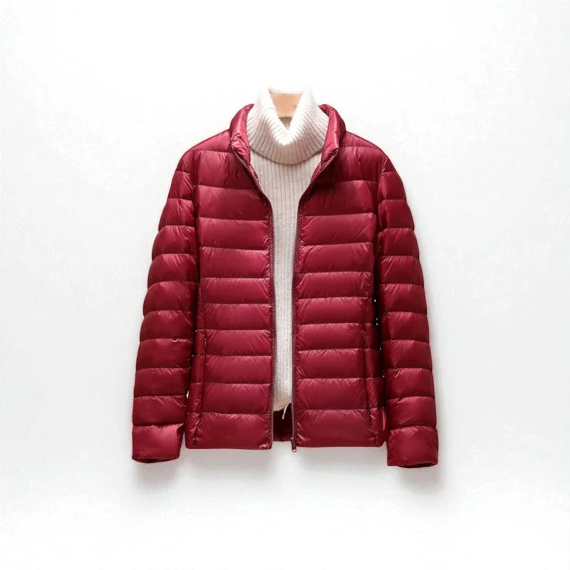 Celia | Winter Fitted Shiny Zip Up Funnel Neck Quilted Padded Puffer Jacket Women