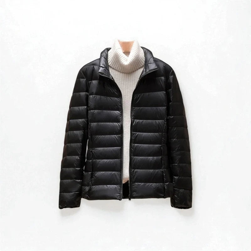 Celia | Winter Fitted Shiny Zip Up Funnel Neck Quilted Padded Puffer Jacket Women