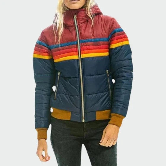 Odette | Striped High Neck Quilted Zip Up Winter Bomber Jacket Women