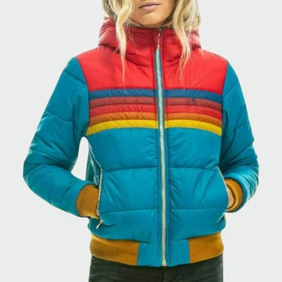 Odette | Striped High Neck Quilted Zip Up Winter Bomber Jacket Women