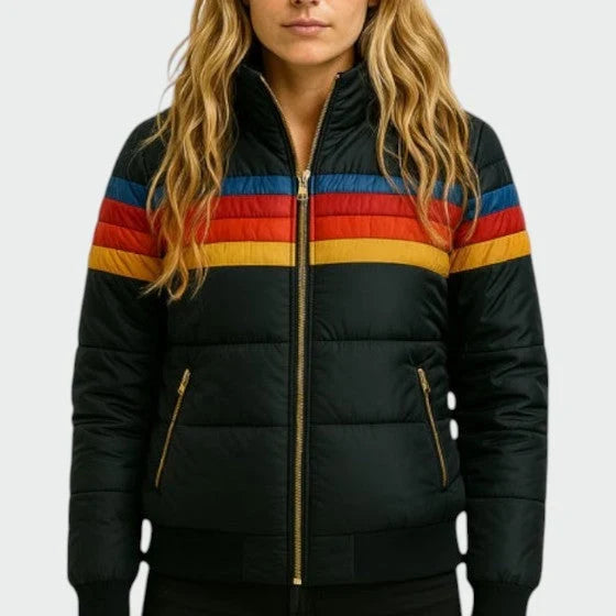 Odette | Striped High Neck Quilted Zip Up Winter Bomber Jacket Women