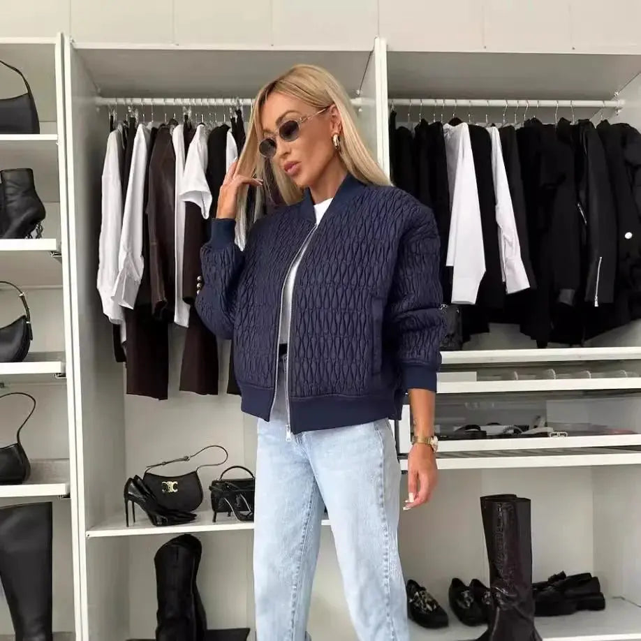 Bonnie | Quilted Collared Zip Up Pocket Oversized Autumn Cropped Bomber Jacket Women