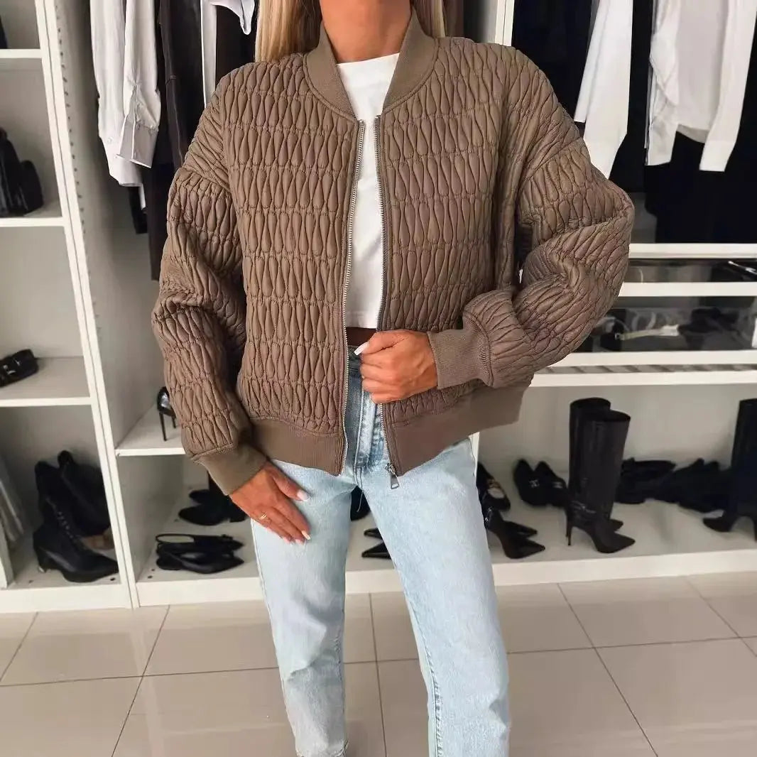 Bonnie | Quilted Collared Zip Up Pocket Oversized Autumn Cropped Bomber Jacket Women
