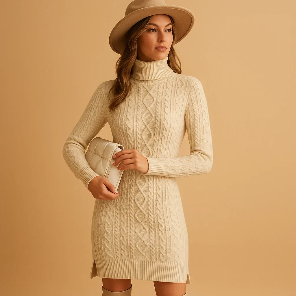 Lottie | Roll Neck Long Sleeve Bodycon Cable Knit Slit Ribbed Winter Mini Jumper Dress Women