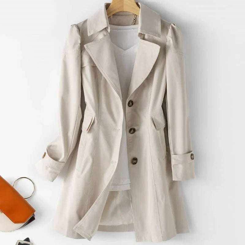 Skye | Single Breasted Button Collared Pocket Autumn Smart Puff Longline Trench Coat Ladies