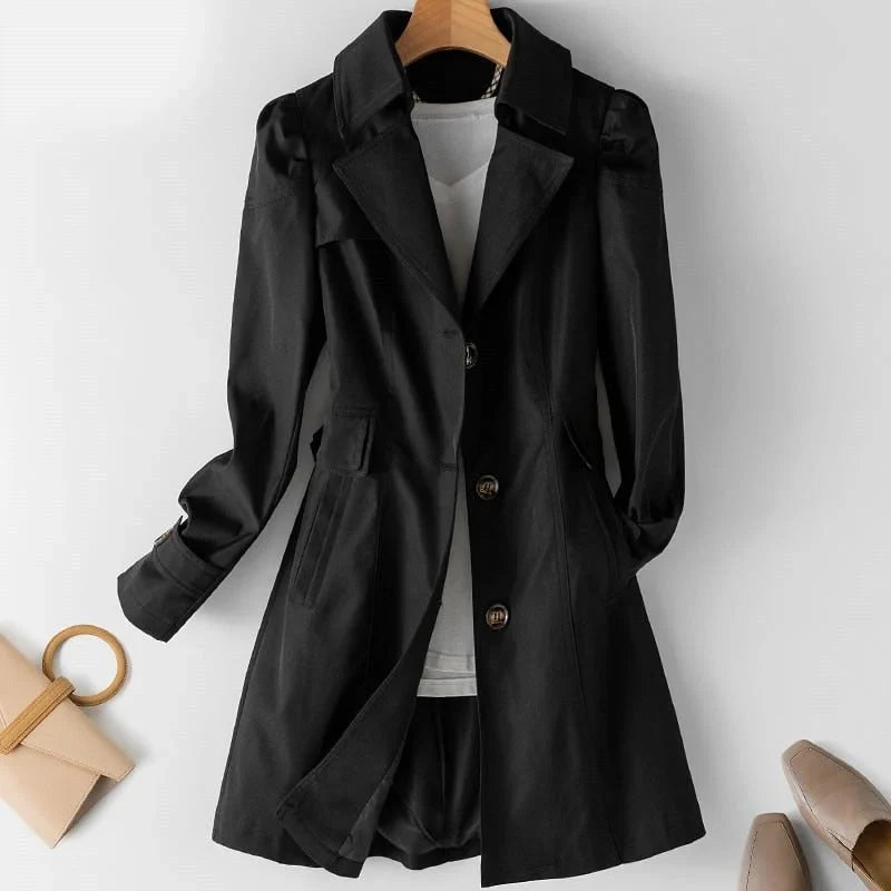 Skye | Single Breasted Button Collared Pocket Autumn Smart Puff Longline Trench Coat Ladies
