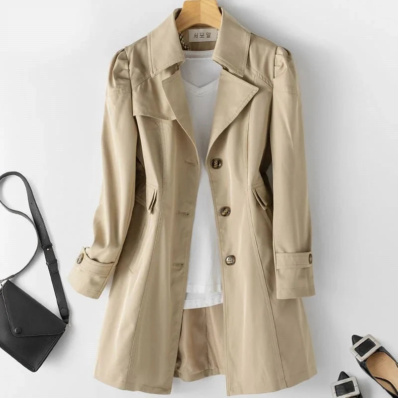 Skye | Single Breasted Button Collared Pocket Autumn Smart Puff Longline Trench Coat Ladies