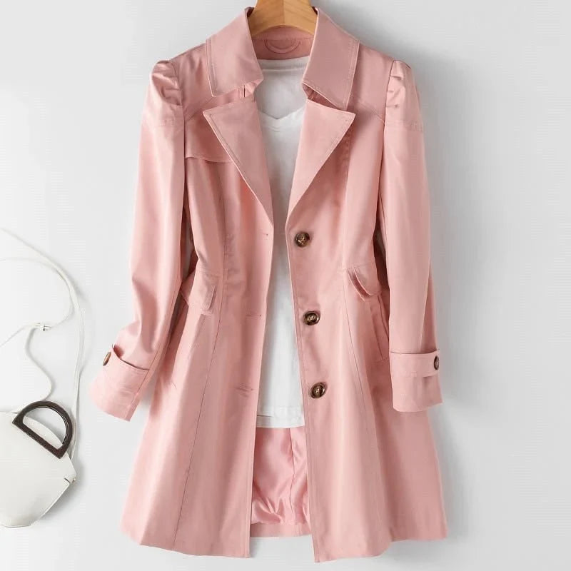 Skye | Single Breasted Button Collared Pocket Autumn Smart Puff Longline Trench Coat Ladies