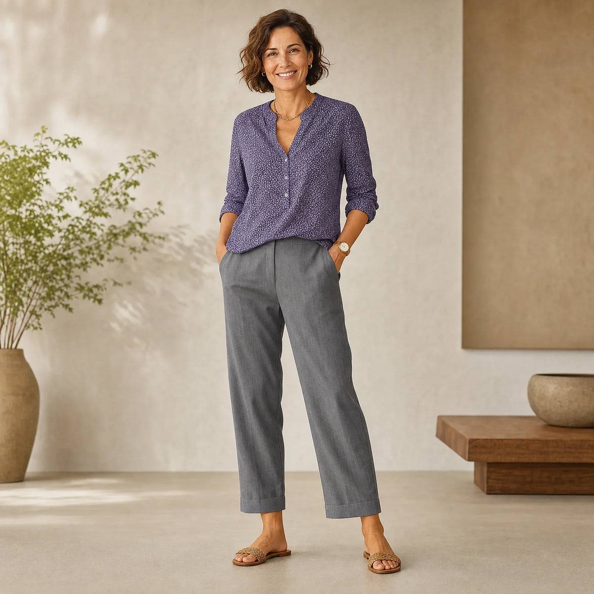 Kya | Turn Up Ankle Length Pockets Straight Leg Trousers Women