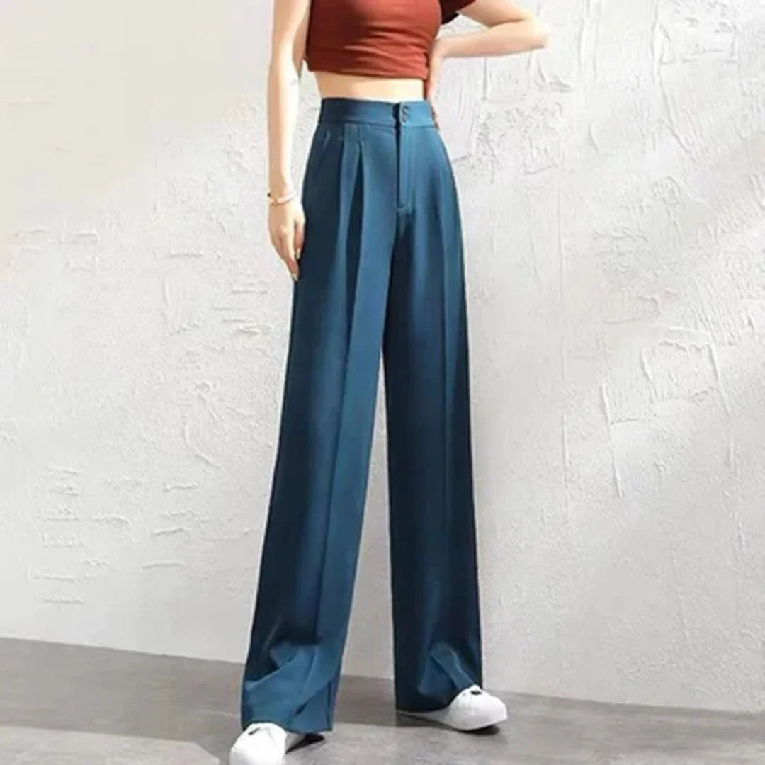 Jolie | Pleated High Waisted Tailored Button Pocket Flowy Smart Wide Leg Trousers Women