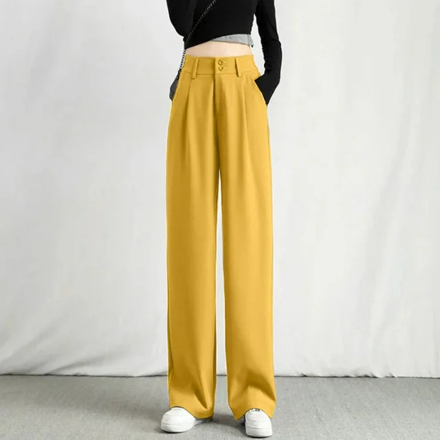 Jolie | Pleated High Waisted Tailored Button Pocket Flowy Smart Wide Leg Trousers Women