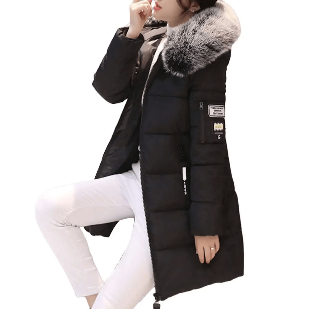 Lena | Winter Zip Up Faux Fur Hood Quilted Long Puffer Coat Women
