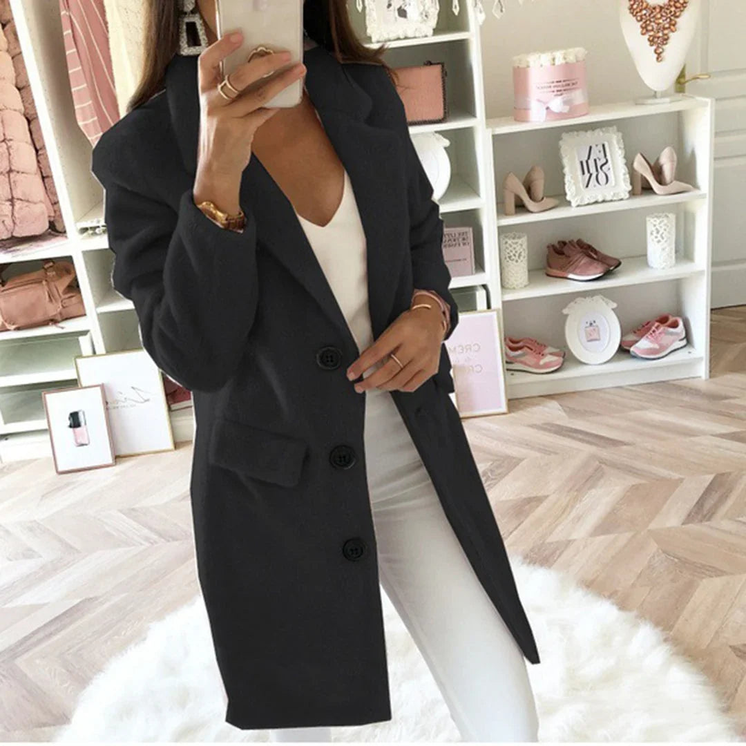 Dina | Long Button Collared Lapel Pocket Winter Smart Tailored Coat Women