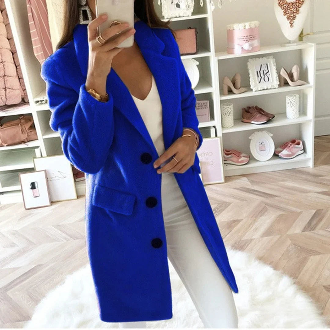 Dina | Long Button Collared Lapel Pocket Winter Smart Tailored Coat Women