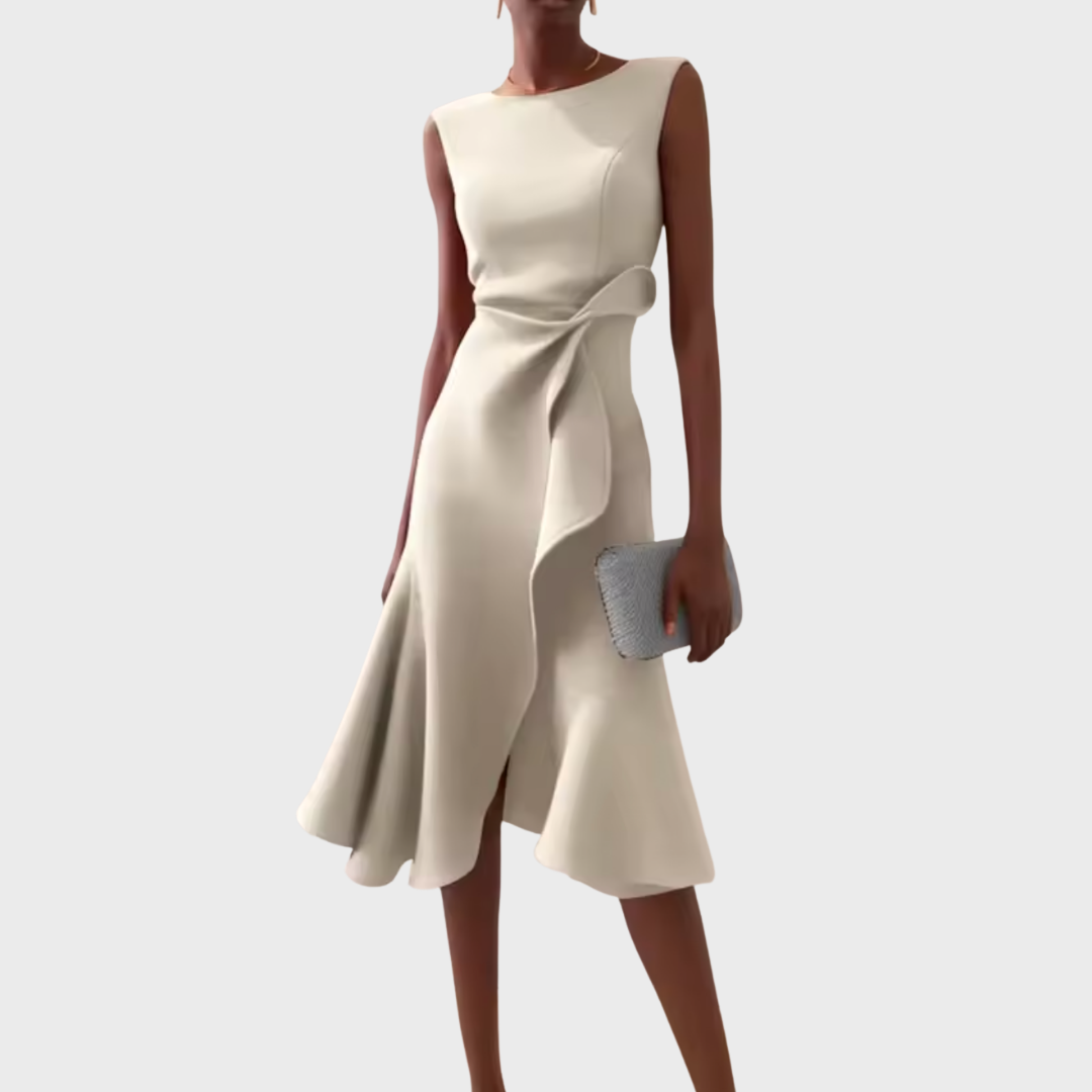 Libby | Boat Neck Sleeveless Ruched Waist Asymmetric Fitted Midi Wedding Guest Cocktail Dress Ladies