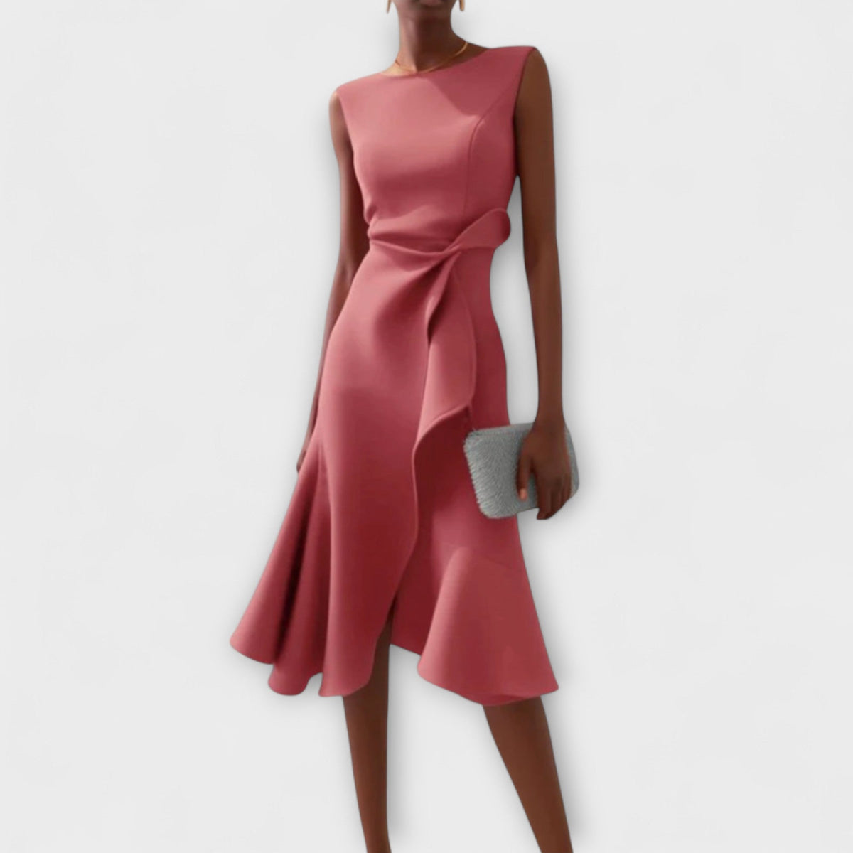 Libby | Boat Neck Sleeveless Ruched Waist Asymmetric Fitted Midi Wedding Guest Cocktail Dress Ladies