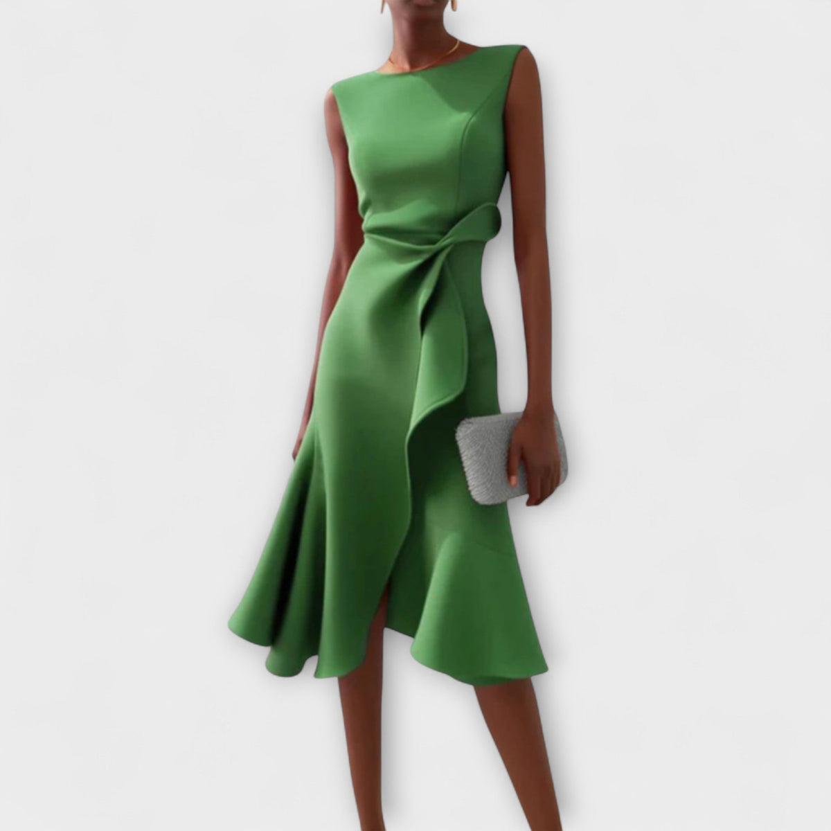 Libby | Boat Neck Sleeveless Ruched Waist Asymmetric Fitted Midi Wedding Guest Cocktail Dress Ladies