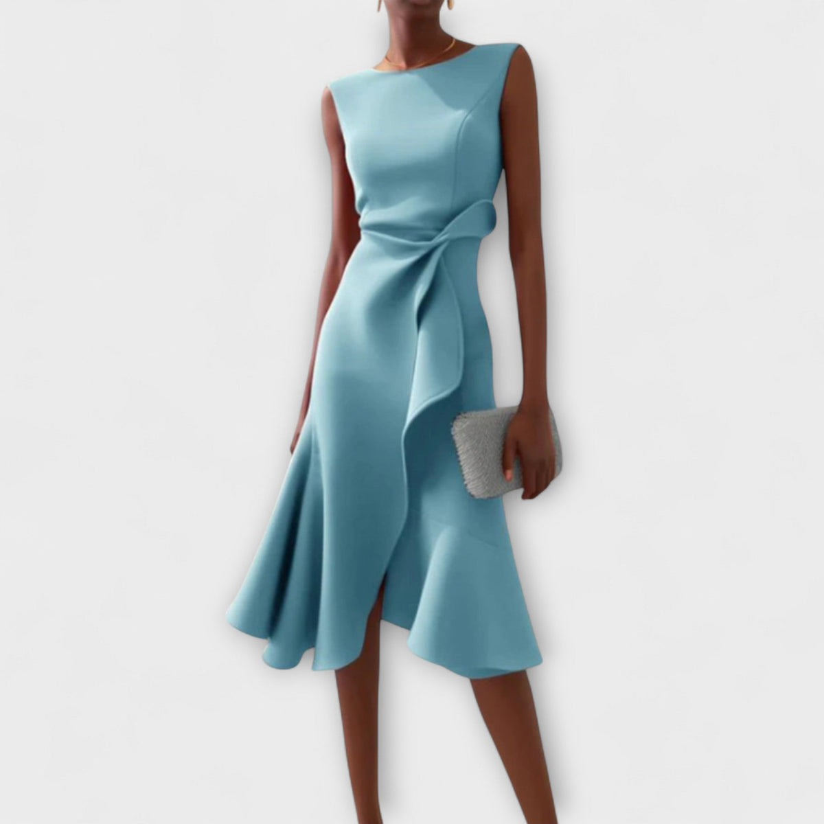 Libby | Boat Neck Sleeveless Ruched Waist Asymmetric Fitted Midi Wedding Guest Cocktail Dress Ladies