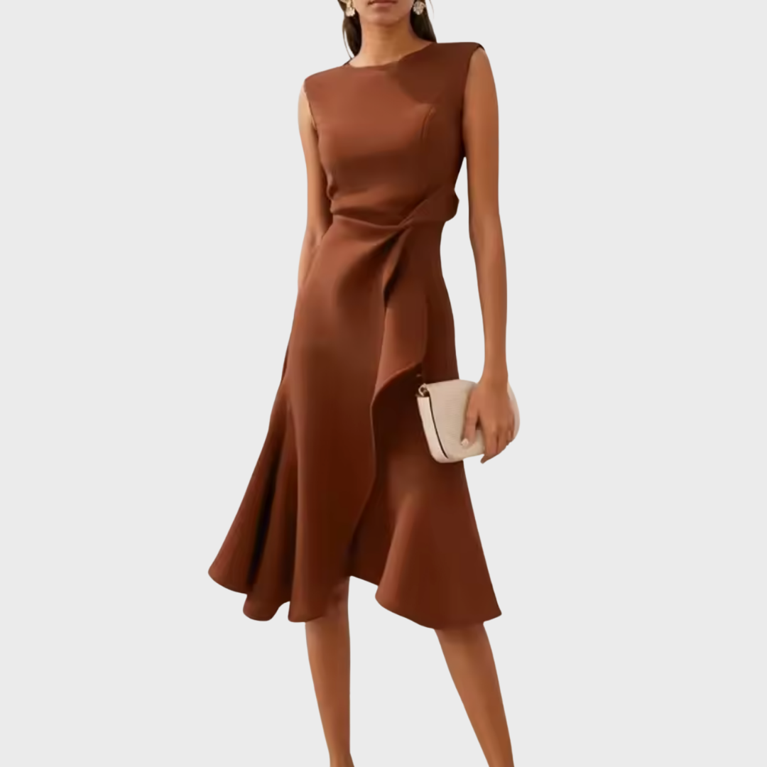 Libby | Boat Neck Sleeveless Ruched Waist Asymmetric Fitted Midi Wedding Guest Cocktail Dress Ladies