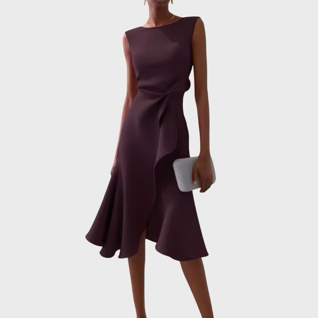 Libby | Boat Neck Sleeveless Ruched Waist Asymmetric Fitted Midi Wedding Guest Cocktail Dress Ladies
