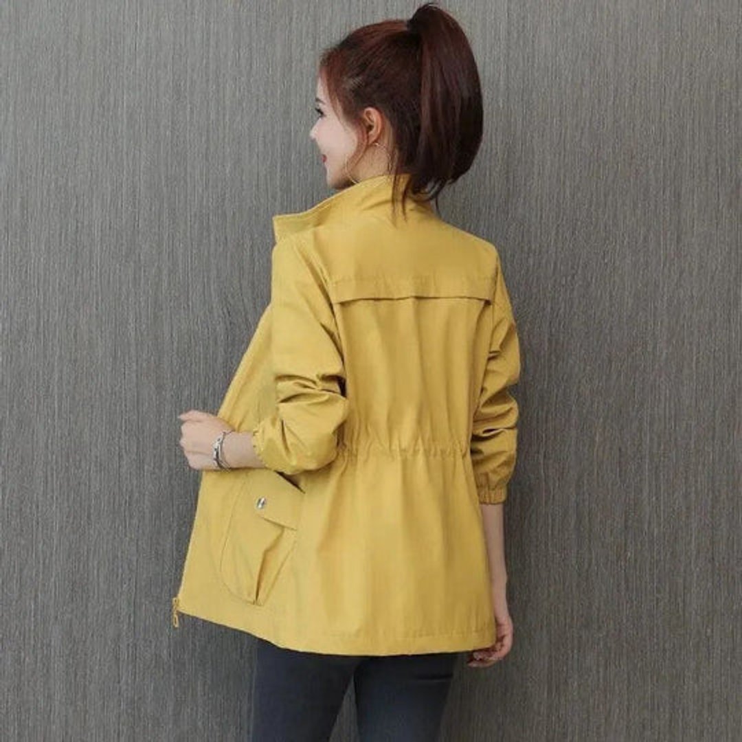 Willa | Drawstring Waist Funnel Neck Zip Up Mid Length Windbreaker Jacket Women