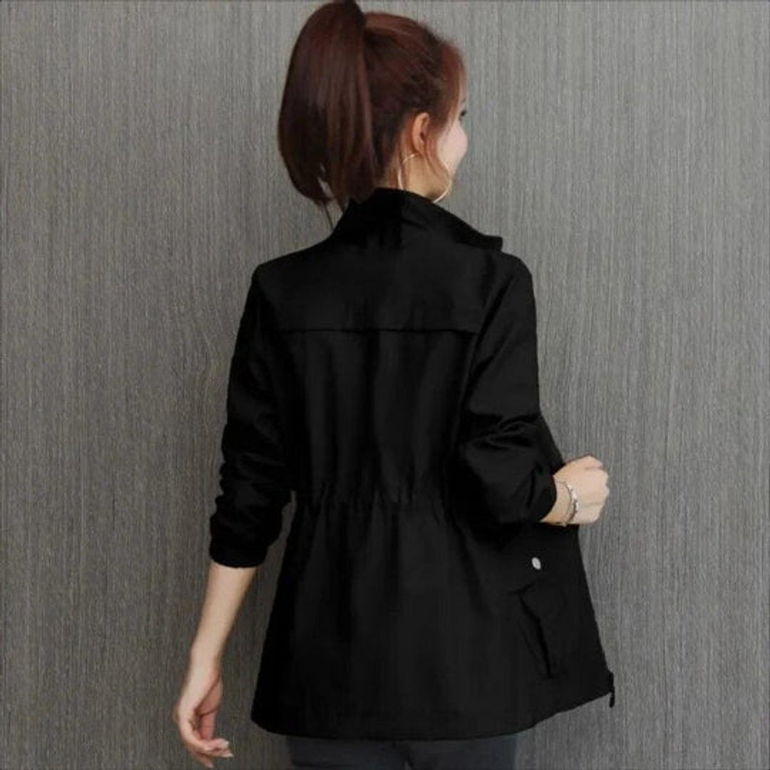 Willa | Drawstring Waist Funnel Neck Zip Up Mid Length Windbreaker Jacket Women