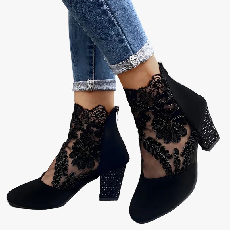 Flo | Floral Embroidered Diamante Mesh Block Heeled Zip Up Autumn Faux Suede Ankle Boots Women
