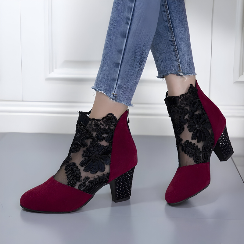 Flo | Floral Embroidered Diamante Mesh Block Heeled Zip Up Autumn Faux Suede Ankle Boots Women