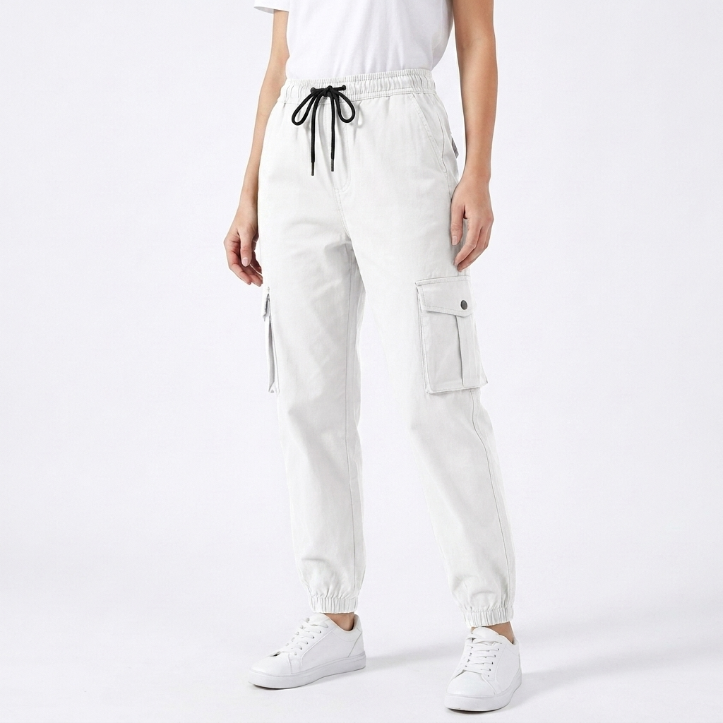 Lou | Elasticated Waist Drawstring Cuffed Pocket Autumn Loose Fit Cargo Trousers Women
