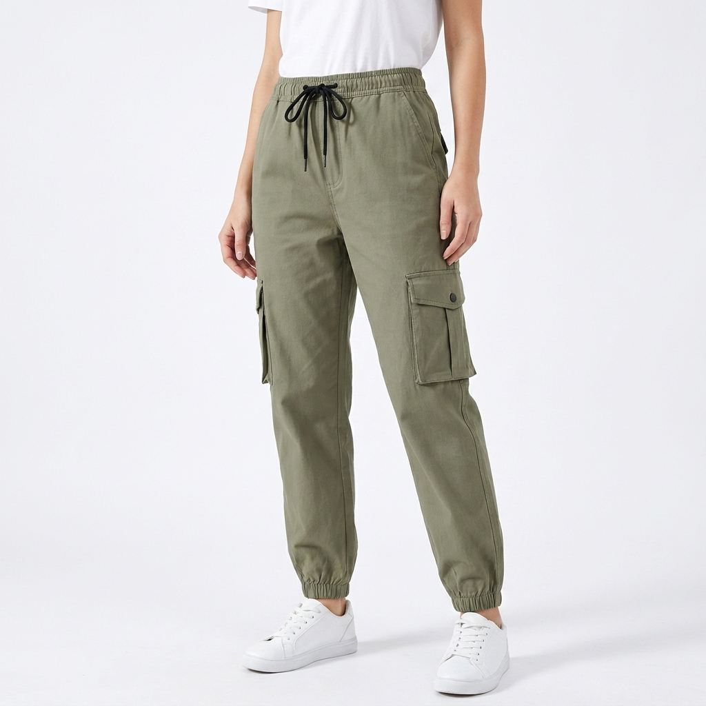 Lou | Elasticated Waist Drawstring Cuffed Pocket Autumn Loose Fit Cargo Trousers Women