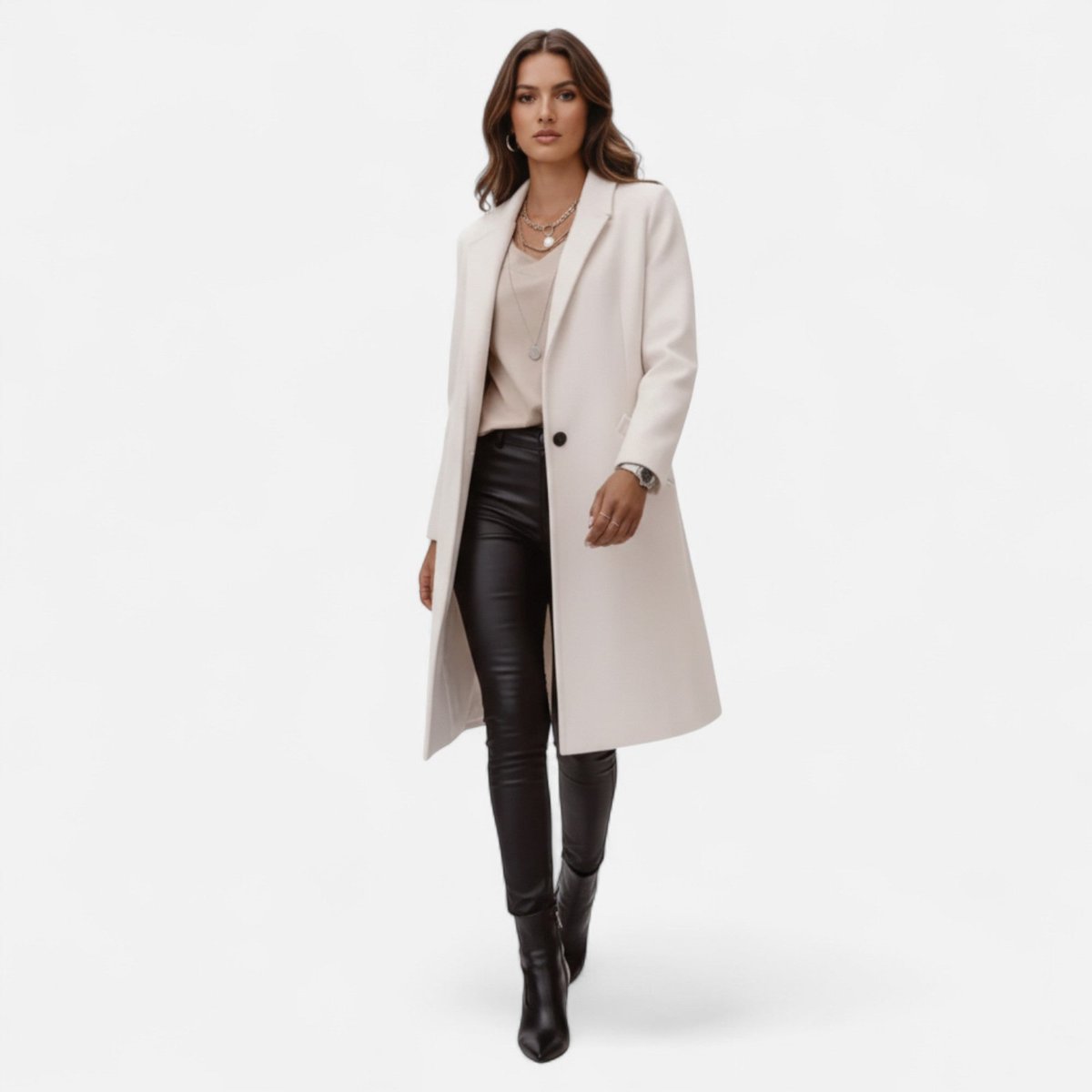 Della | Button Collared Lapel Pockets Long Autumn Smart Tailored Coat Women