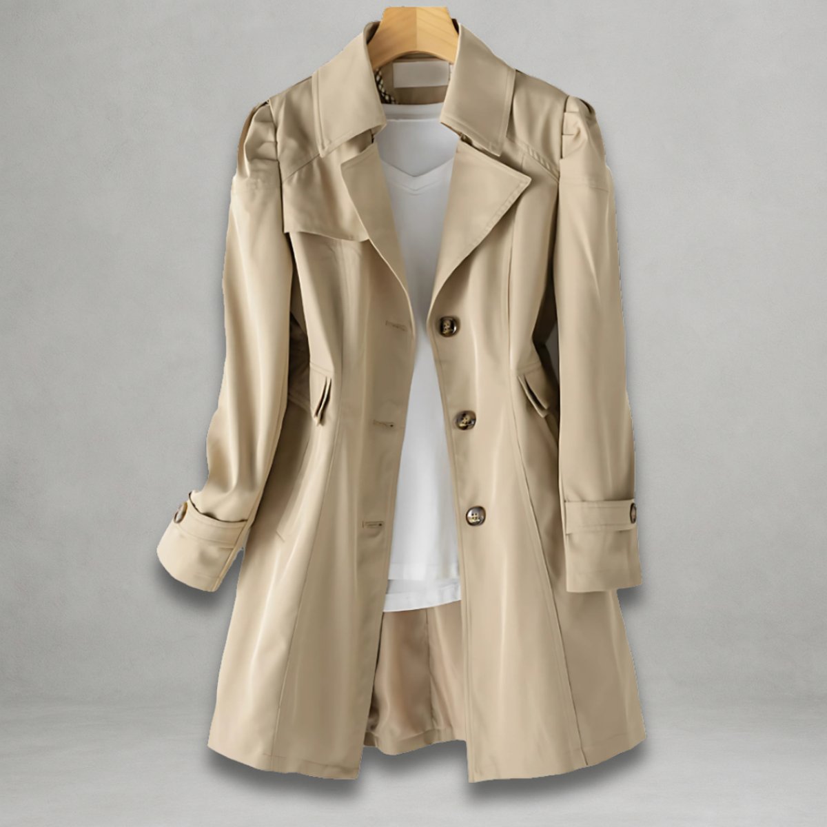 Mira | Single Breasted Button Collared Lapel Flared Pocket Autumn Smart Longline Trench Coat Ladies