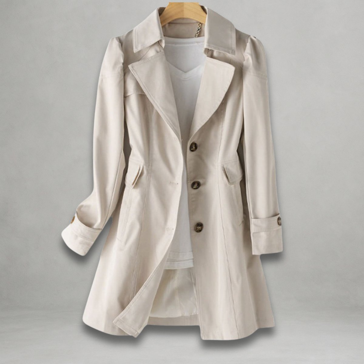 Mira | Single Breasted Button Collared Lapel Flared Pocket Autumn Smart Longline Trench Coat Ladies