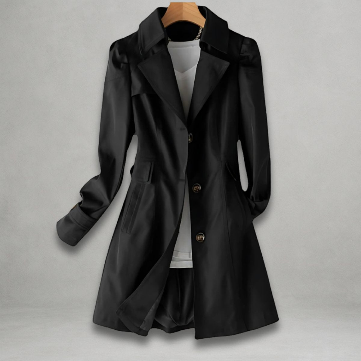 Mira | Single Breasted Button Collared Lapel Flared Pocket Autumn Smart Longline Trench Coat Ladies