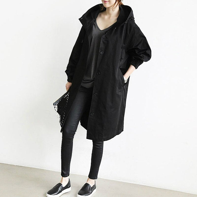 Elodie | Drawstring Button Oversized Longline Hooded Pocket Autumn Windbreaker Jacket Women