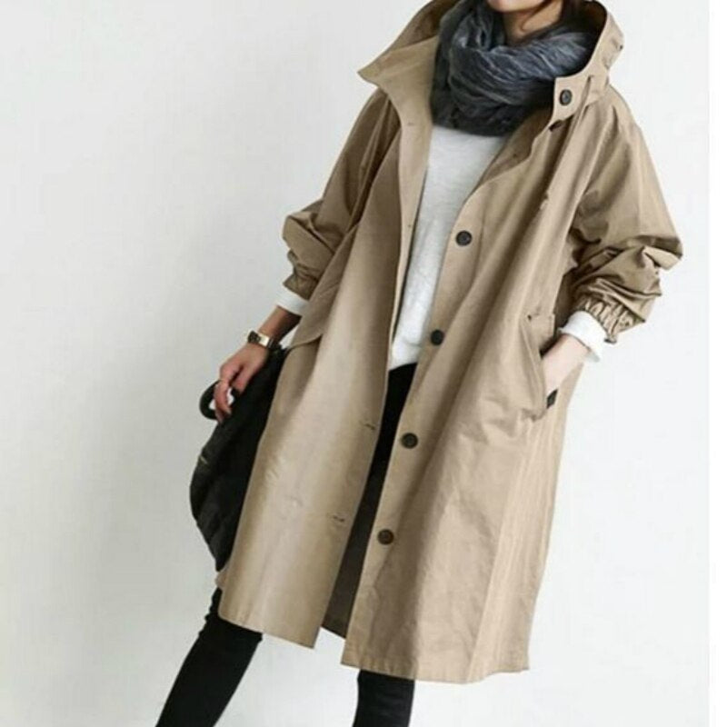 Elodie | Drawstring Button Oversized Longline Hooded Pocket Autumn Windbreaker Jacket Women