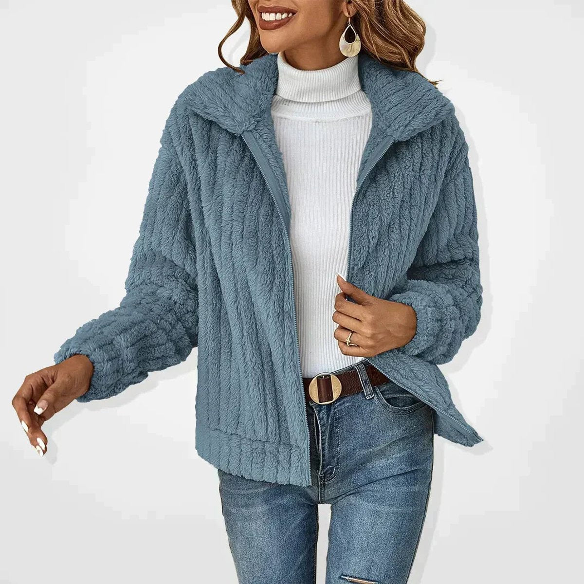 Suzy | Winter Cropped Collared Striped Full Zip Fleece Jacket Women
