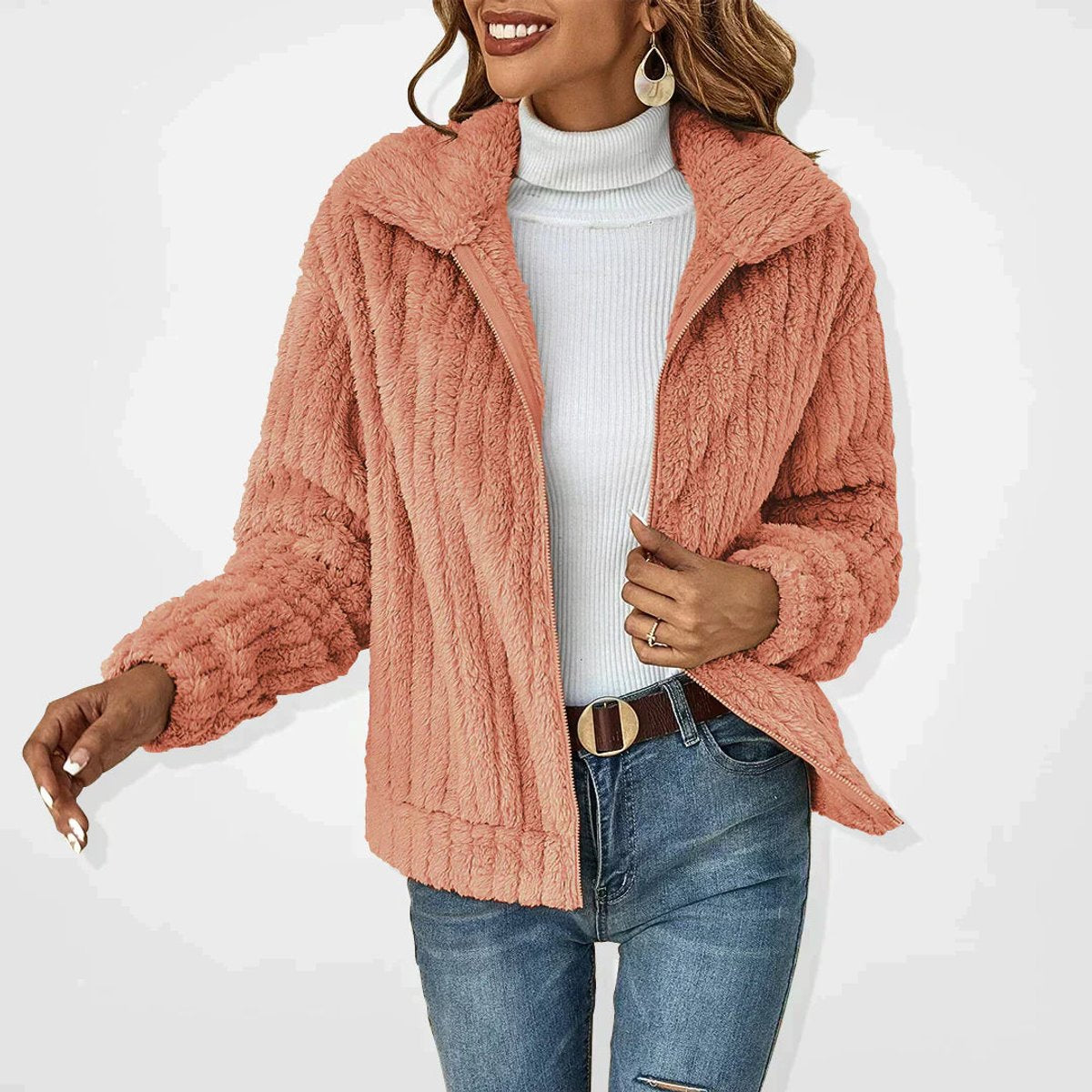 Suzy | Winter Cropped Collared Striped Full Zip Fleece Jacket Women
