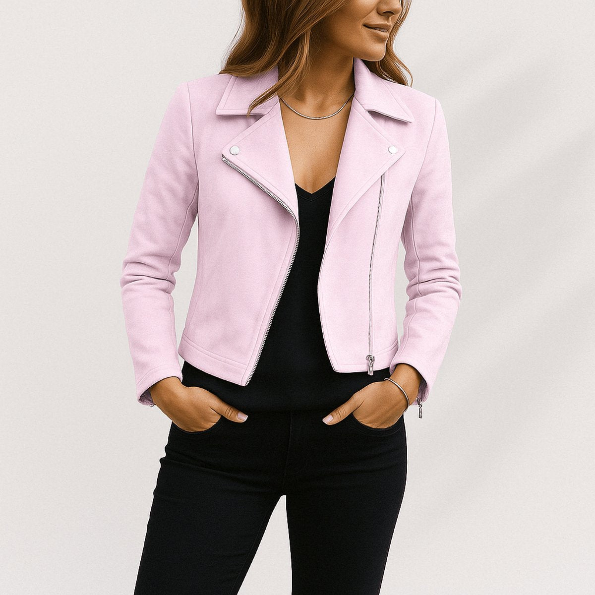Zola | Biker Zipped Lapel Collared Fitted Autumn Cropped Faux Suede Jacket Women